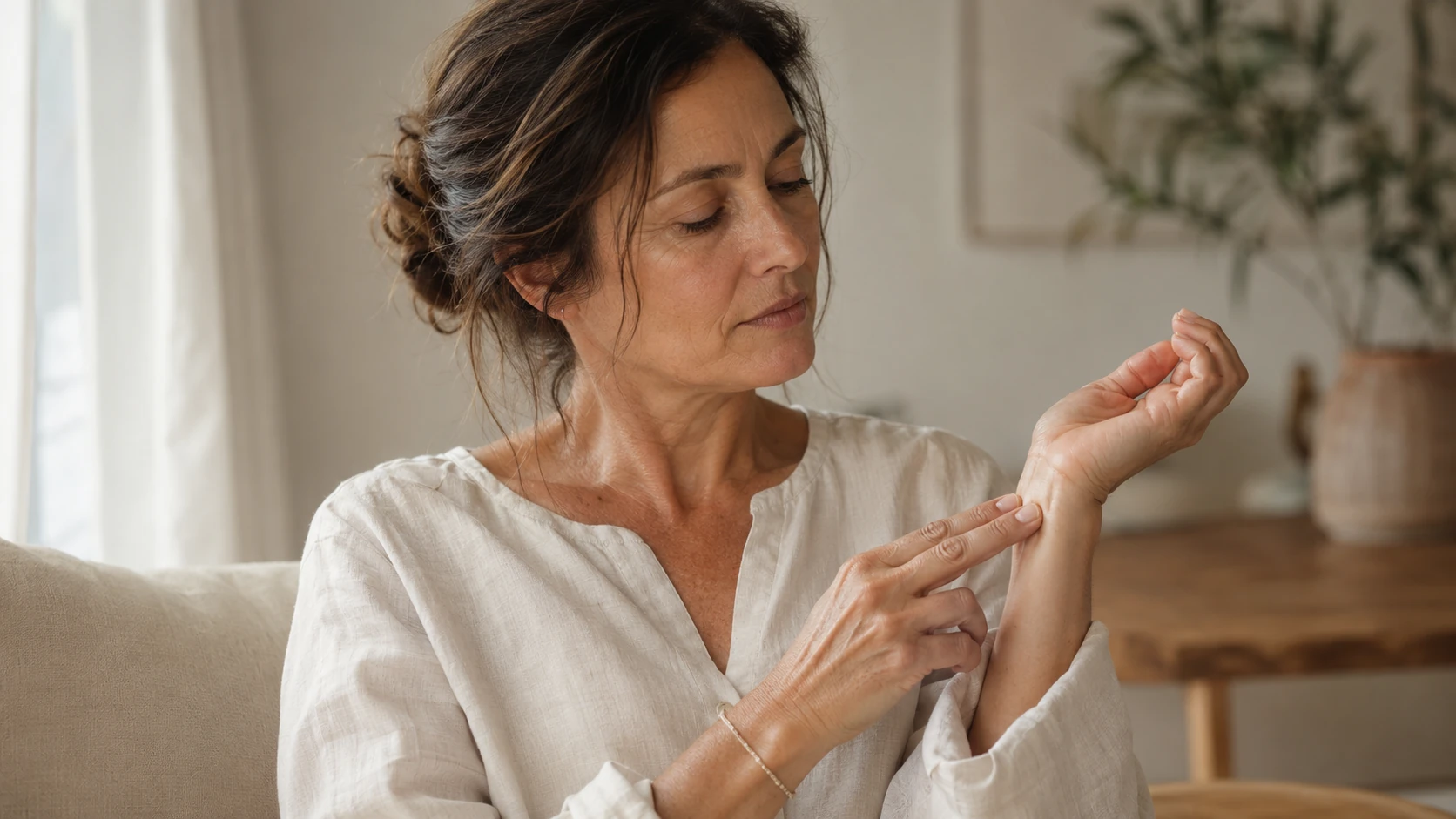 une femme qui mesure sa fréquence cardiaque avec son poignet
