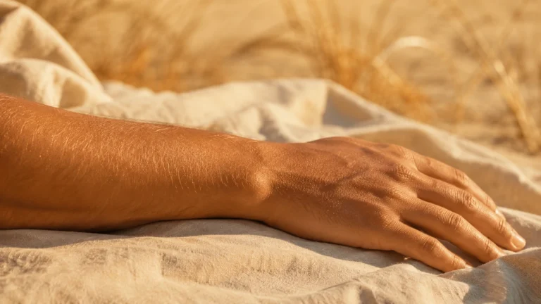 Peau bronzée exposée au soleil en été, lumière naturelle dorée