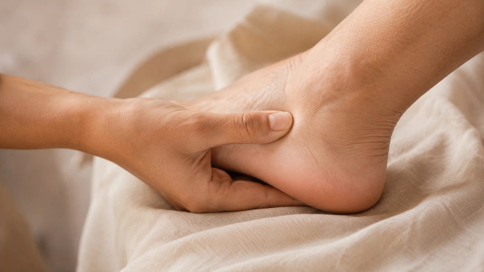 Main massant délicatement un talon nu pour soulager une douleur plantaire