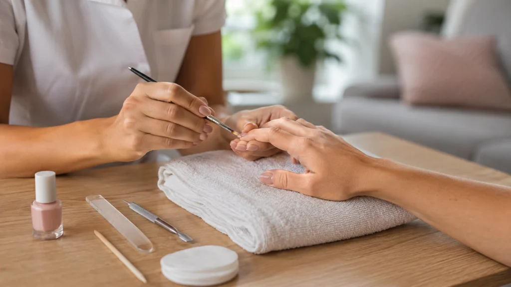 Esthéticienne à domicile qui fait une manucure