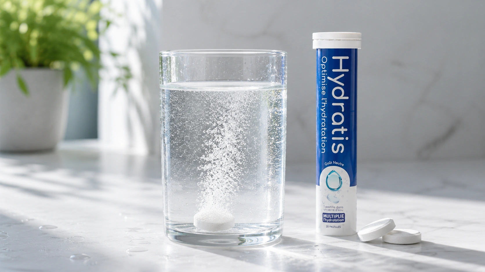 Pastille effervescente qui se dissout dans un verre d'eau, avis Hydratis
