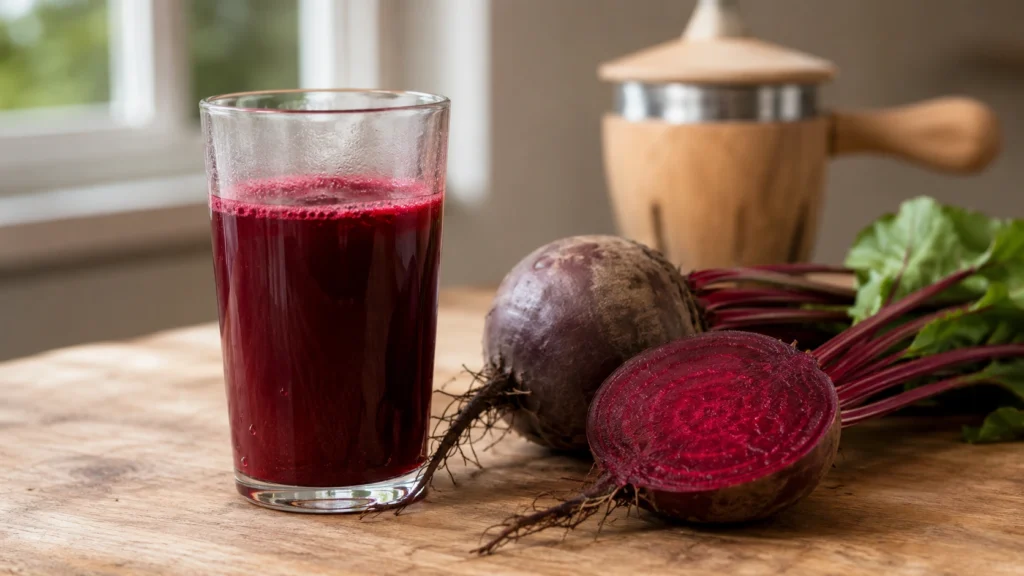 Verre de jus de betterave rouge cru avec betteraves fraîches sur table en bois