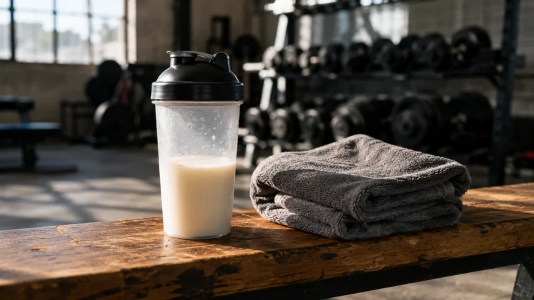 Shaker de protéine whey Décathlon posé sur un banc de salle de sport avec une serviette