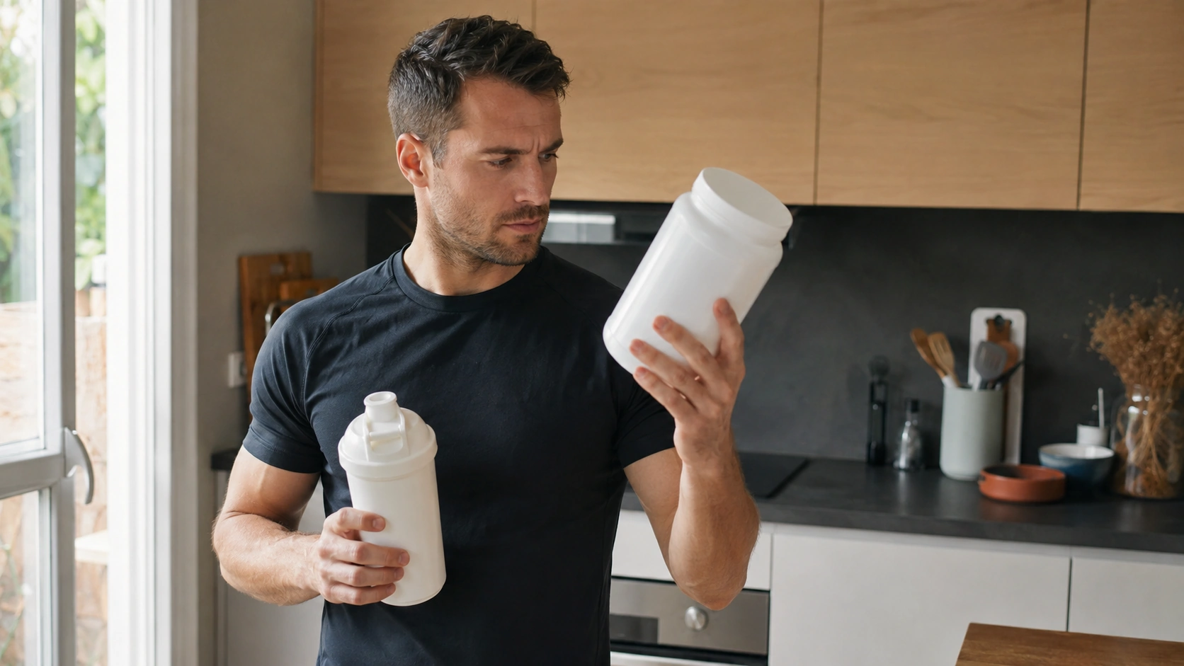 Homme sportif examinant un pot de complément alimentaire Nutripure