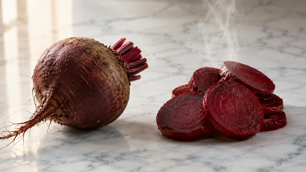 Betterave rouge crue avec sa peau à gauche et betterave cuite tranchée à droite