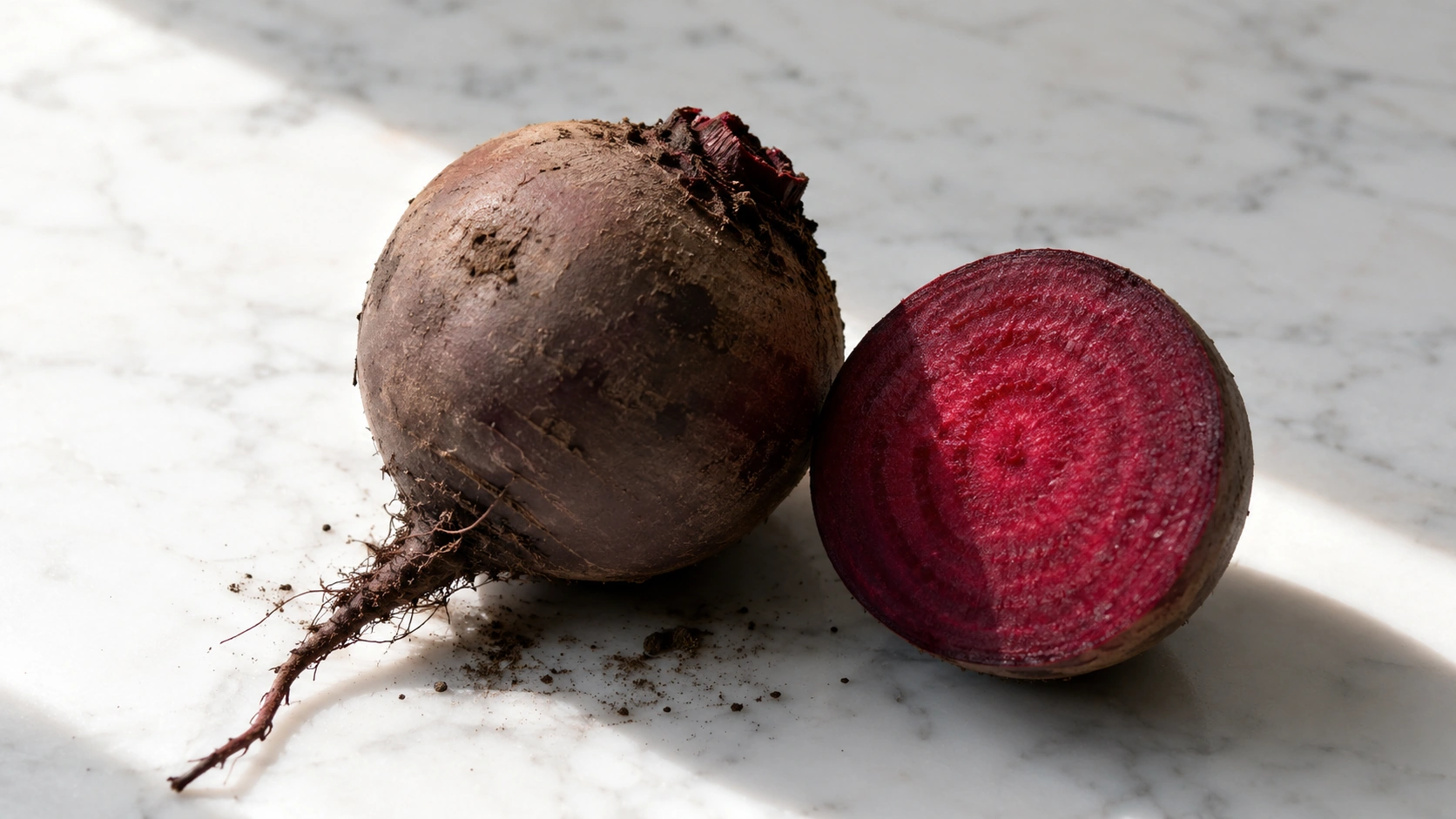 Betteraves rouges crues entières et coupées sur marbre blanc