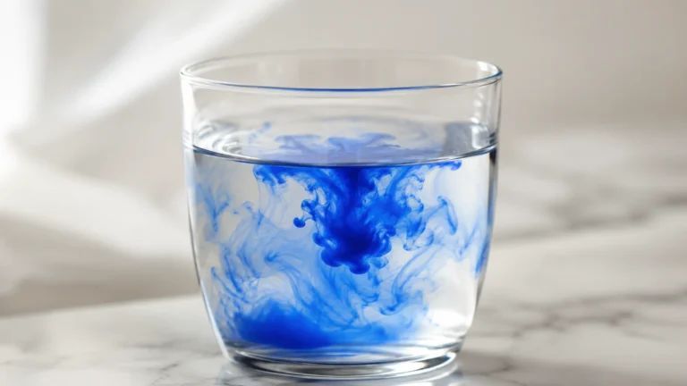 Goutte de bleu de méthylène se dissolvant dans un verre d'eau, illustration des propriétés de ce colorant synthétique