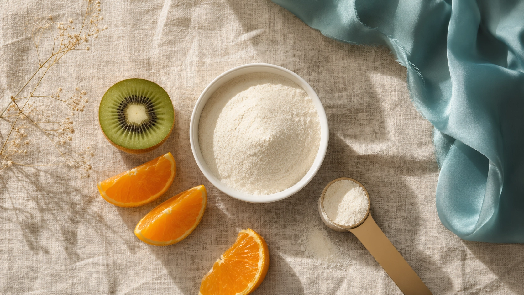 Poudre de collagène marin avec cuillère doseuse et agrumes riches en vitamine C