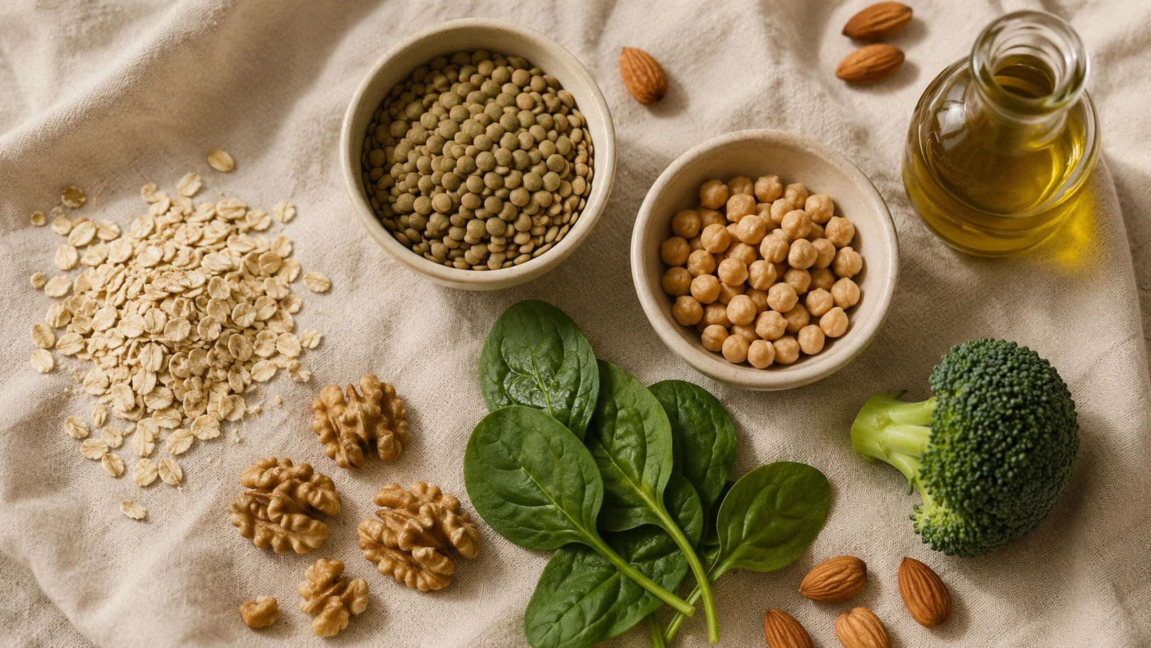 Aliments à index glycémique bas pour prévenir le diabète : lentilles, noix, céréales complètes et légumes verts