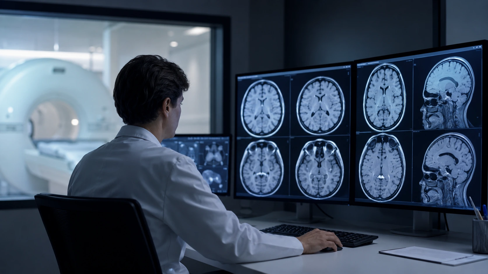 Radiologue consultant des images IRM cérébrales sur ses écrans dans une salle de lecture médicale
