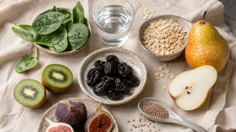 Aliments riches en fibres pour favoriser le transit intestinal : pruneaux, kiwi, poire et flocons d'avoine