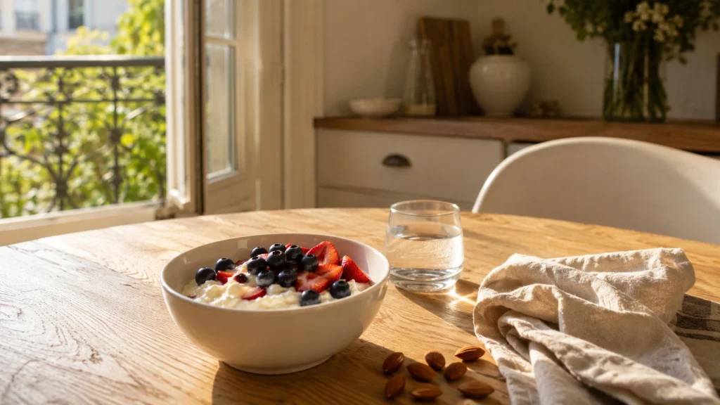 Petit-déjeuner sain avec fromage blanc et fruits frais, fromage le matin pour maigrir