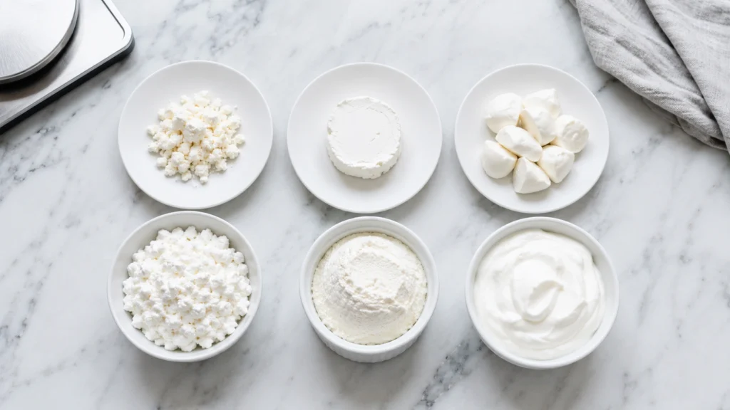 Portions comparées de fromages moins gras disposées sur des petites assiettes blanches sur marbre