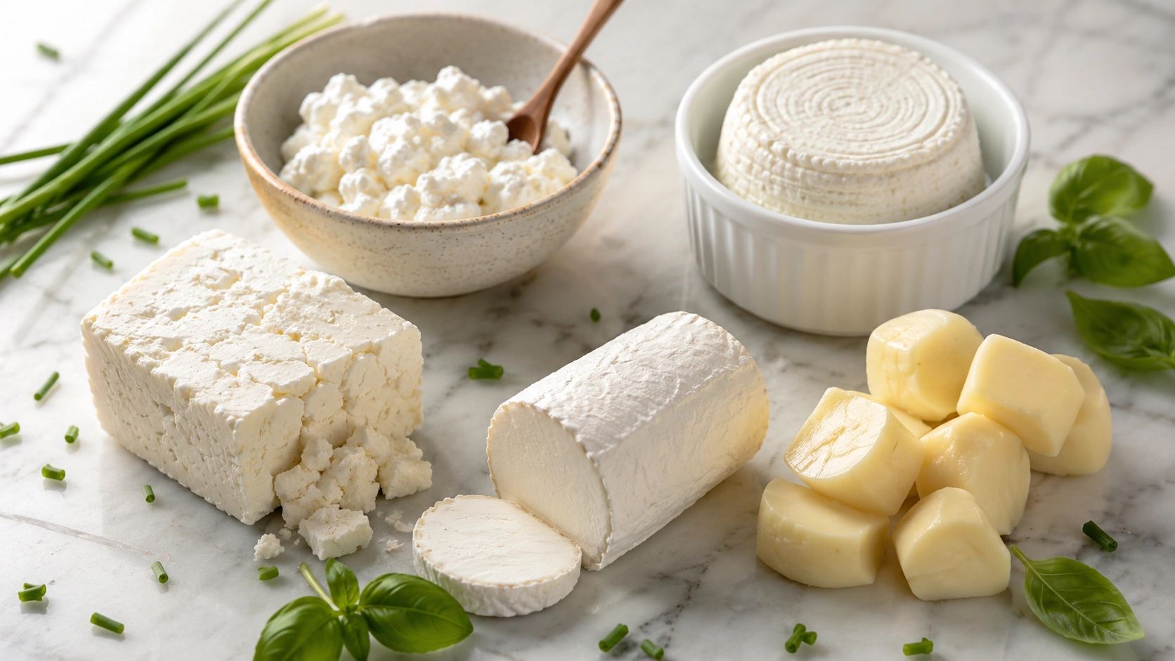 Sélection des fromages les moins caloriques : cottage cheese, ricotta, feta, chèvre frais et mozzarella light sur marbre blanc