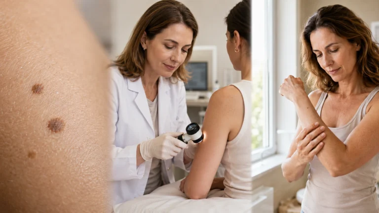 tache marron sur la peau en gros plan, consultation chez le dermatologue avec dermatoscope, et auto-examen cutané en lumière naturelle