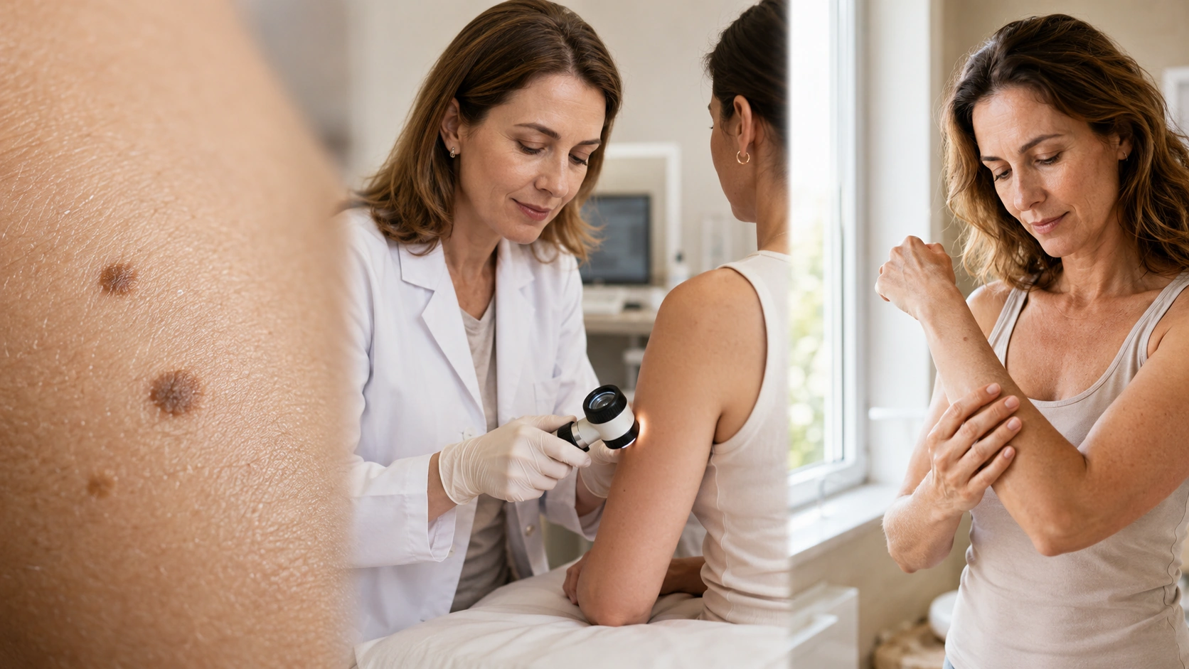 tache marron sur la peau en gros plan, consultation chez le dermatologue avec dermatoscope, et auto-examen cutané en lumière naturelle