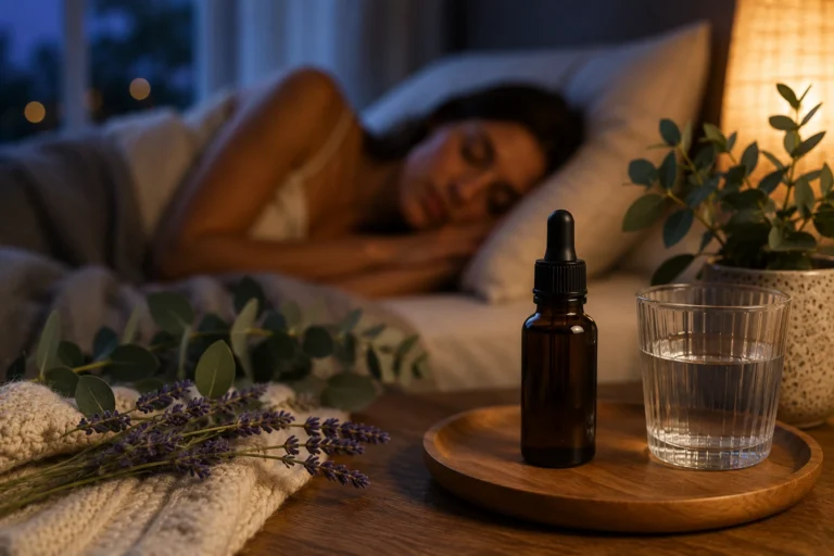 Flacon compte-gouttes de Delta 10 posé sur une table de nuit dans une chambre.