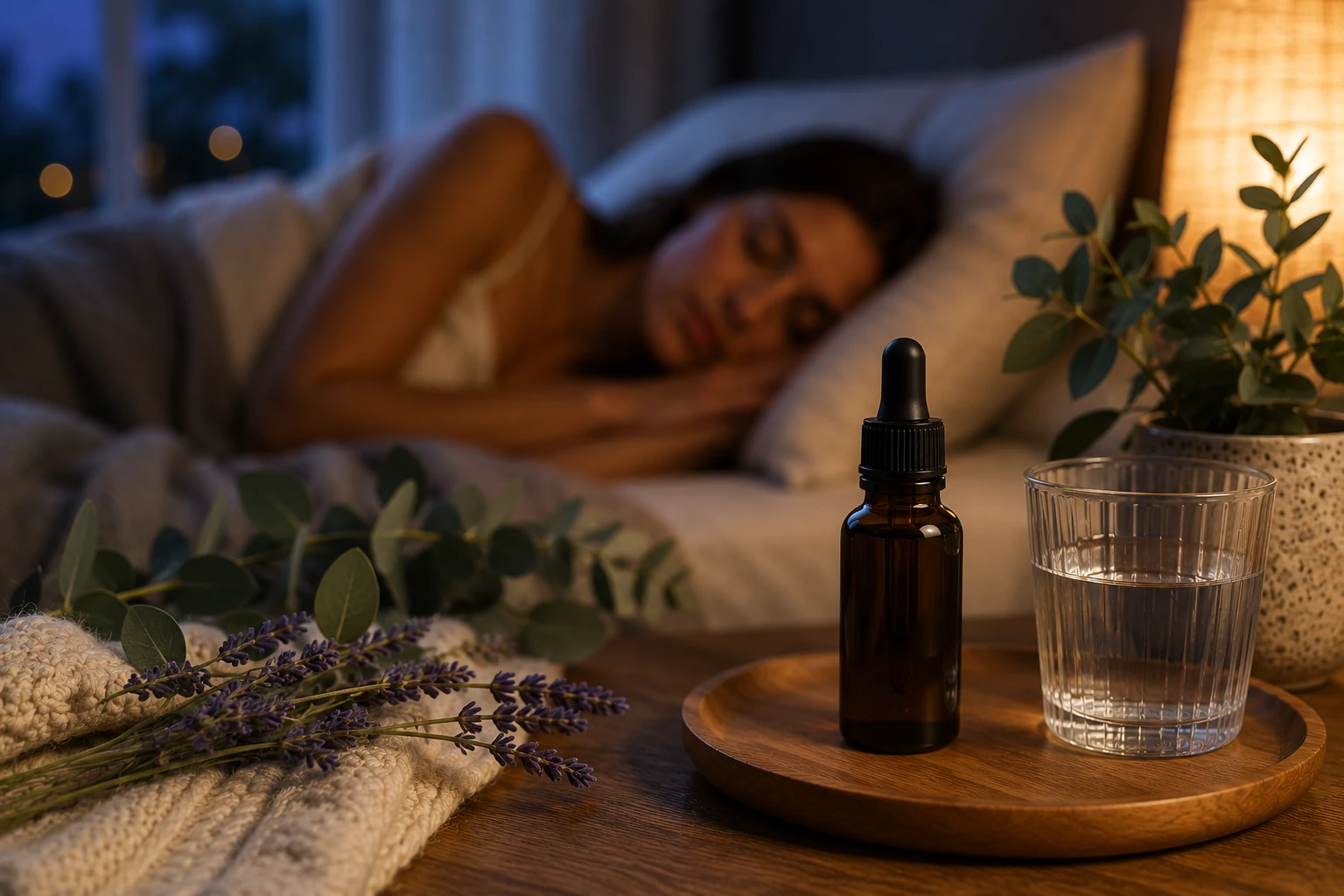 Flacon compte-gouttes de Delta 10 posé sur une table de nuit dans une chambre.