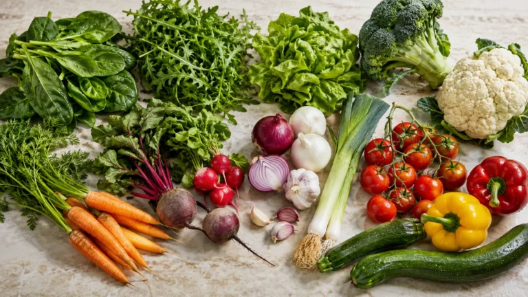 Assortiment coloré de légumes frais vus de dessus : épinards, roquette, laitue, carottes, betteraves, radis, oignons, ail, poireaux, tomates, poivrons, courgettes, brocoli et chou-fleur.
