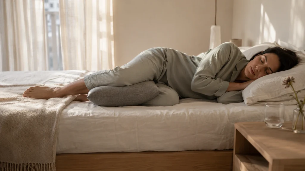 Personne allongée sur le côté avec un coussin entre les genoux, bonne position pour dormir avec une sciatique