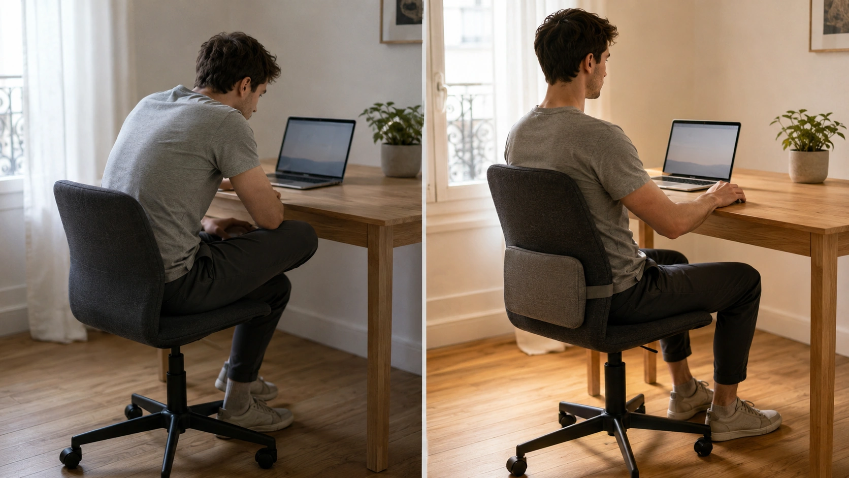 Comparaison entre la posture assise à éviter et la posture recommandée en cas de sciatique