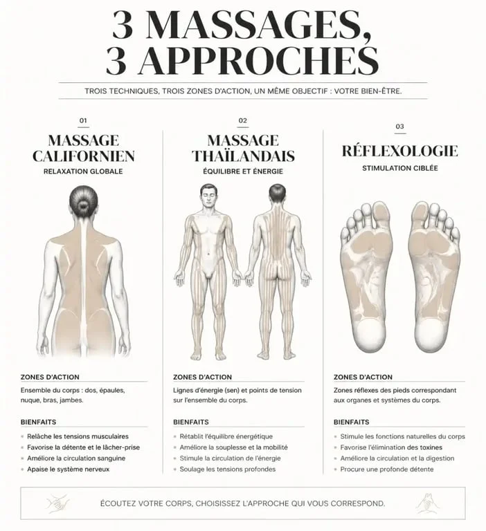 Comparatif visuel des techniques de massage disponibles à Tours