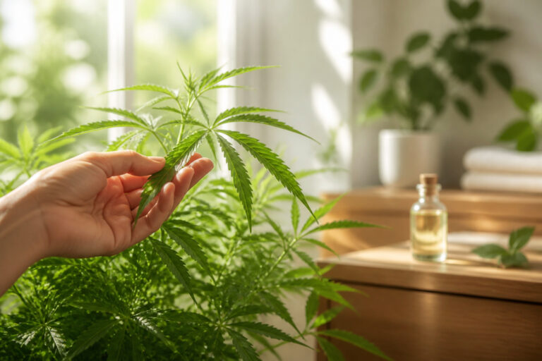 Main de femme touchant une plante verte