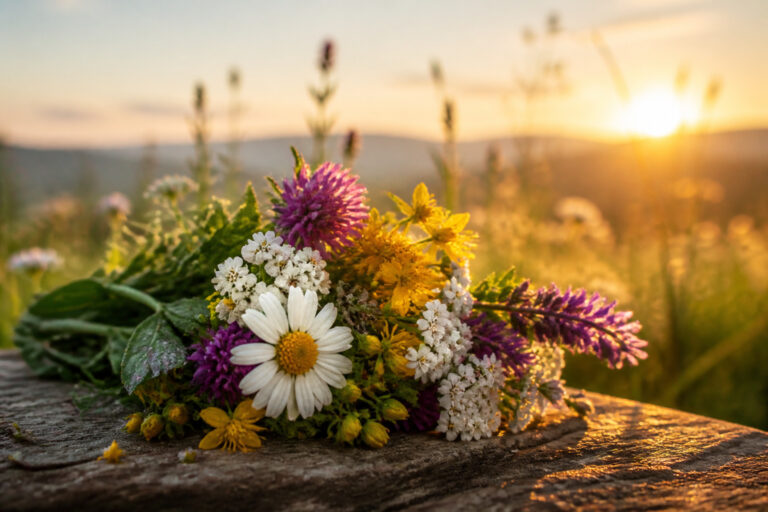 Bouquet de fleurs sauvages au coucher du soleil