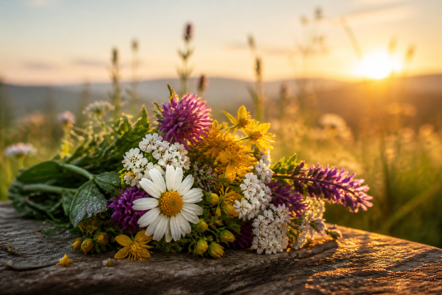 Bouquet de fleurs sauvages au coucher du soleil